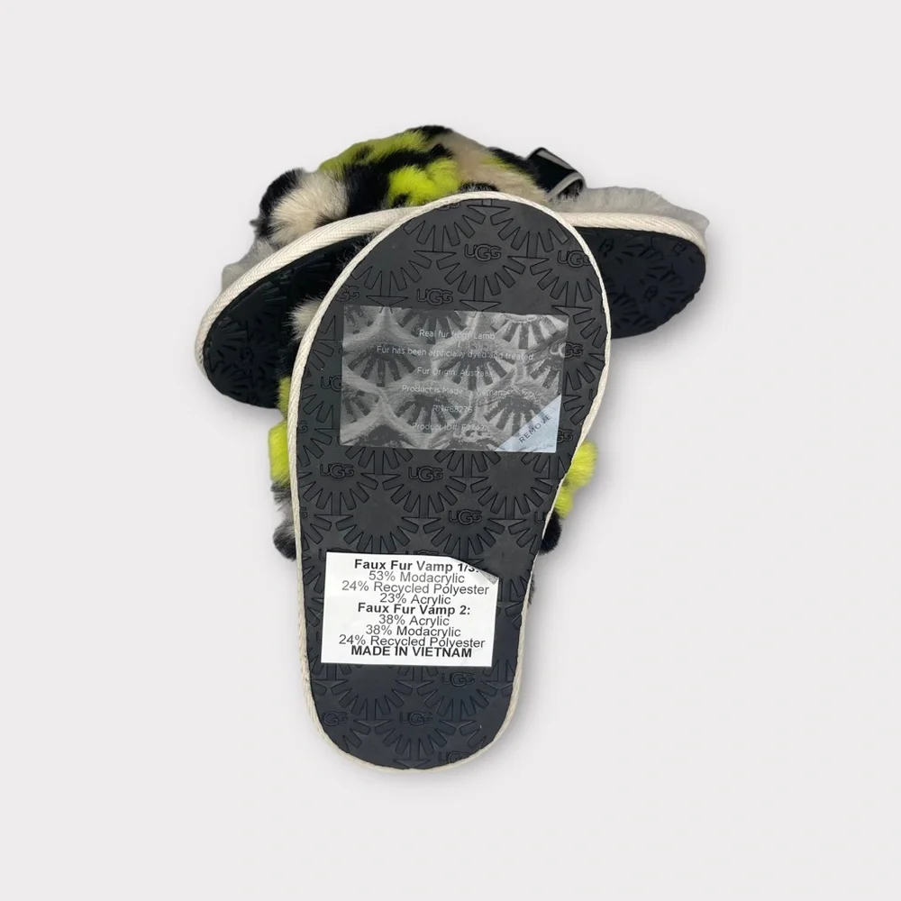 Ugg Fluff Yeah Faux Fur Green Black Cream Slides